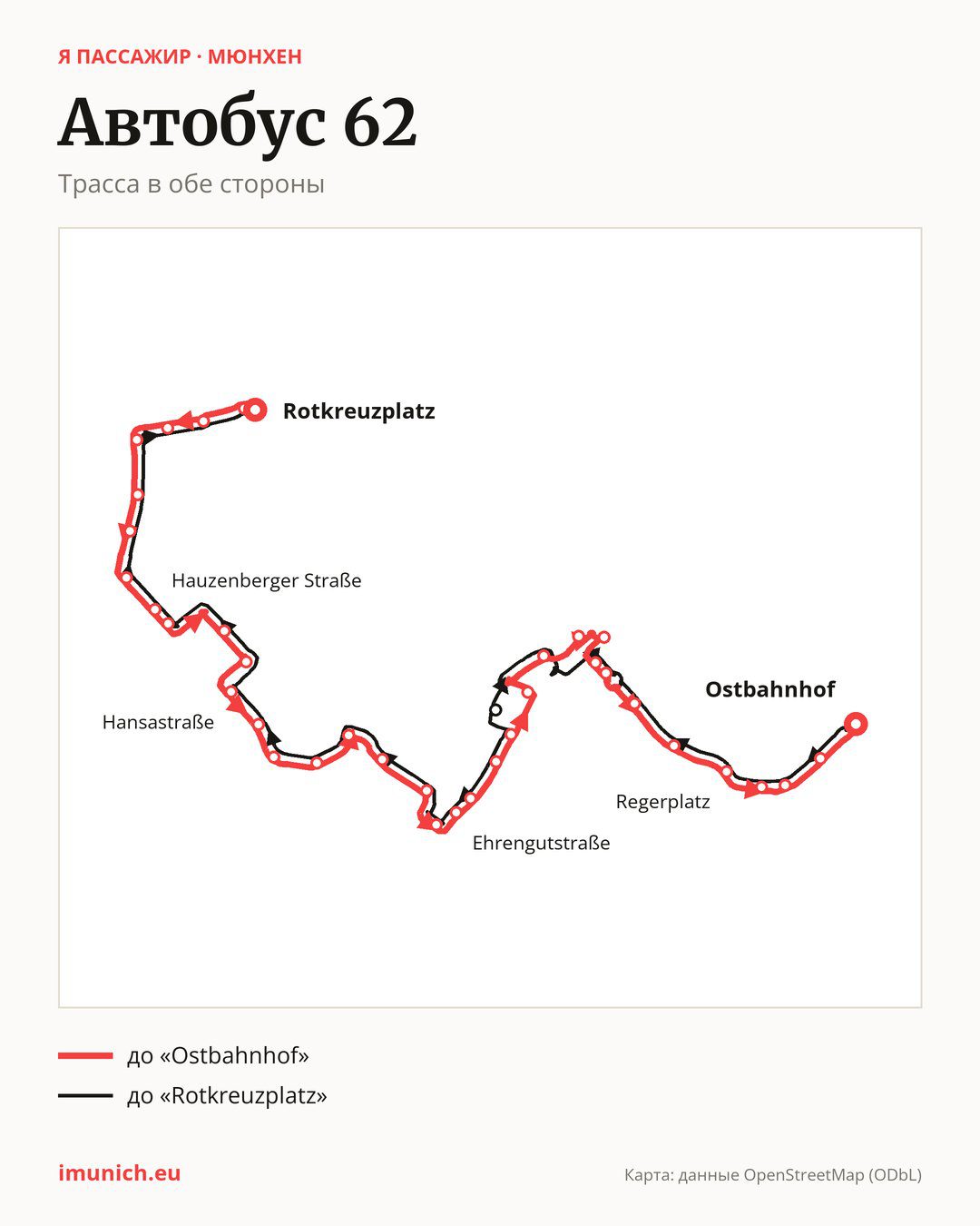Автобус 62 в Мюнхене на карте: трасса в обе стороны